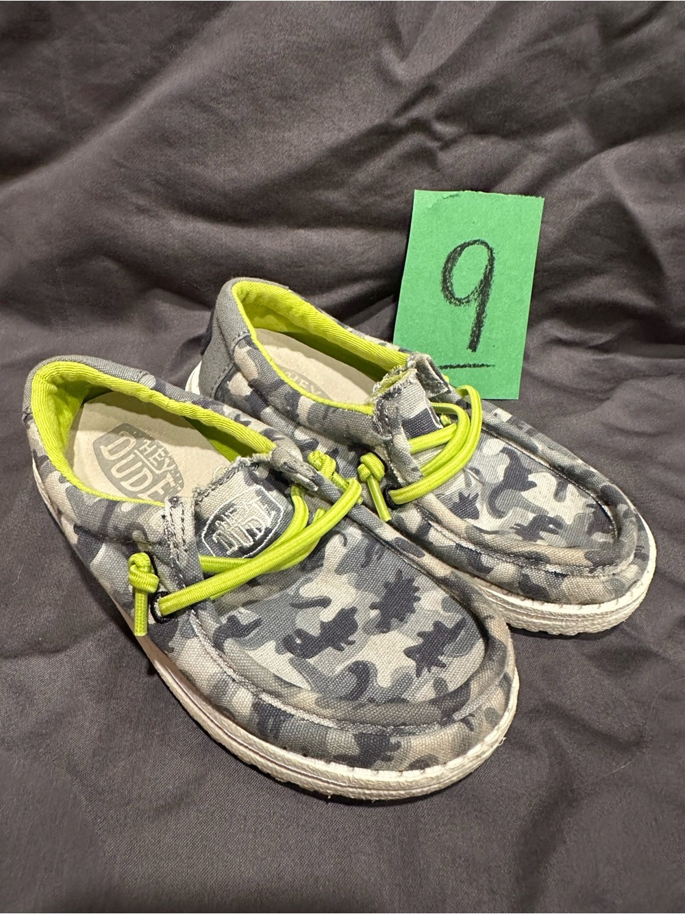 Hey Dude Kids' Gray Camo Slip-On Sneakers with Lime Accents